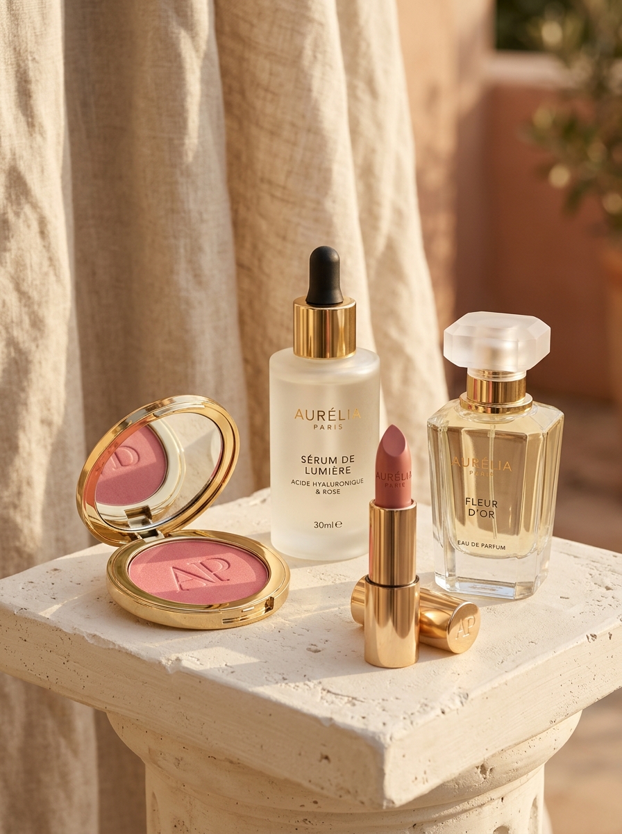 Editorial luxury cosmetics still life collection on stone pedestal