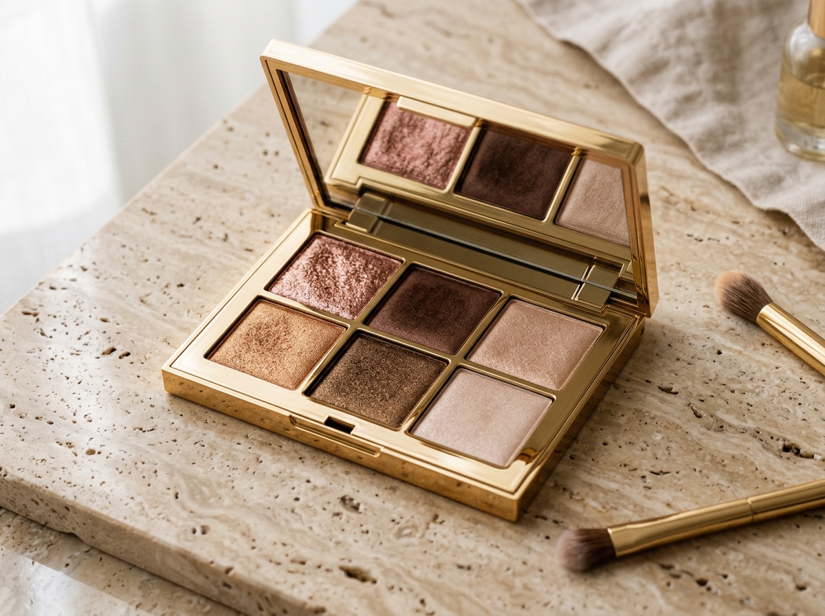 Luxury open rose gold and espresso eyeshadow palette on travertine marble