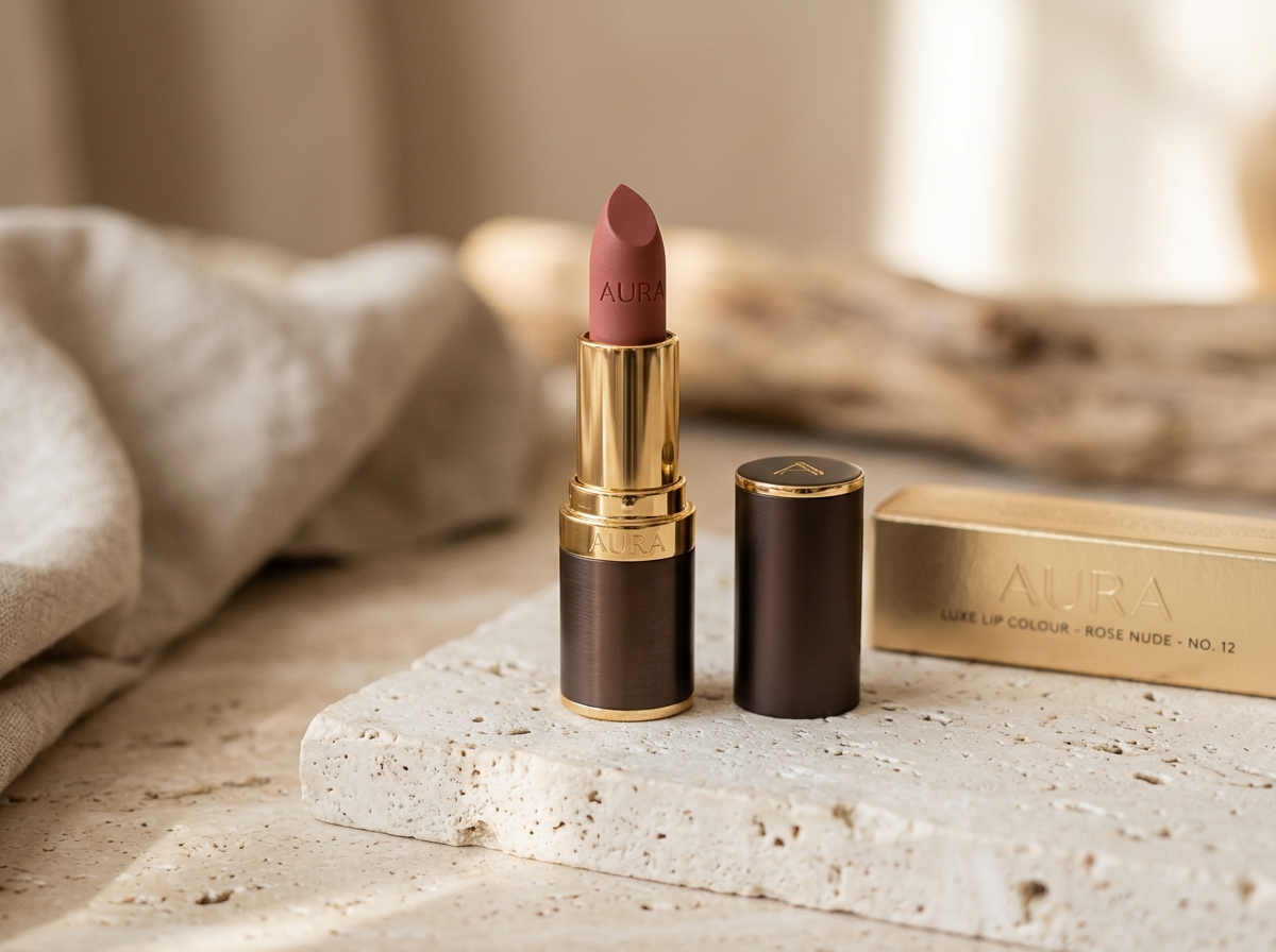 Luxury open rose nude lipstick in gold case on travertine marble